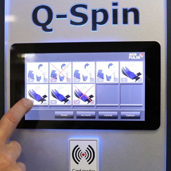 Close up of the display on the smart vending machine Q-Spin. Select and collect work gloves.